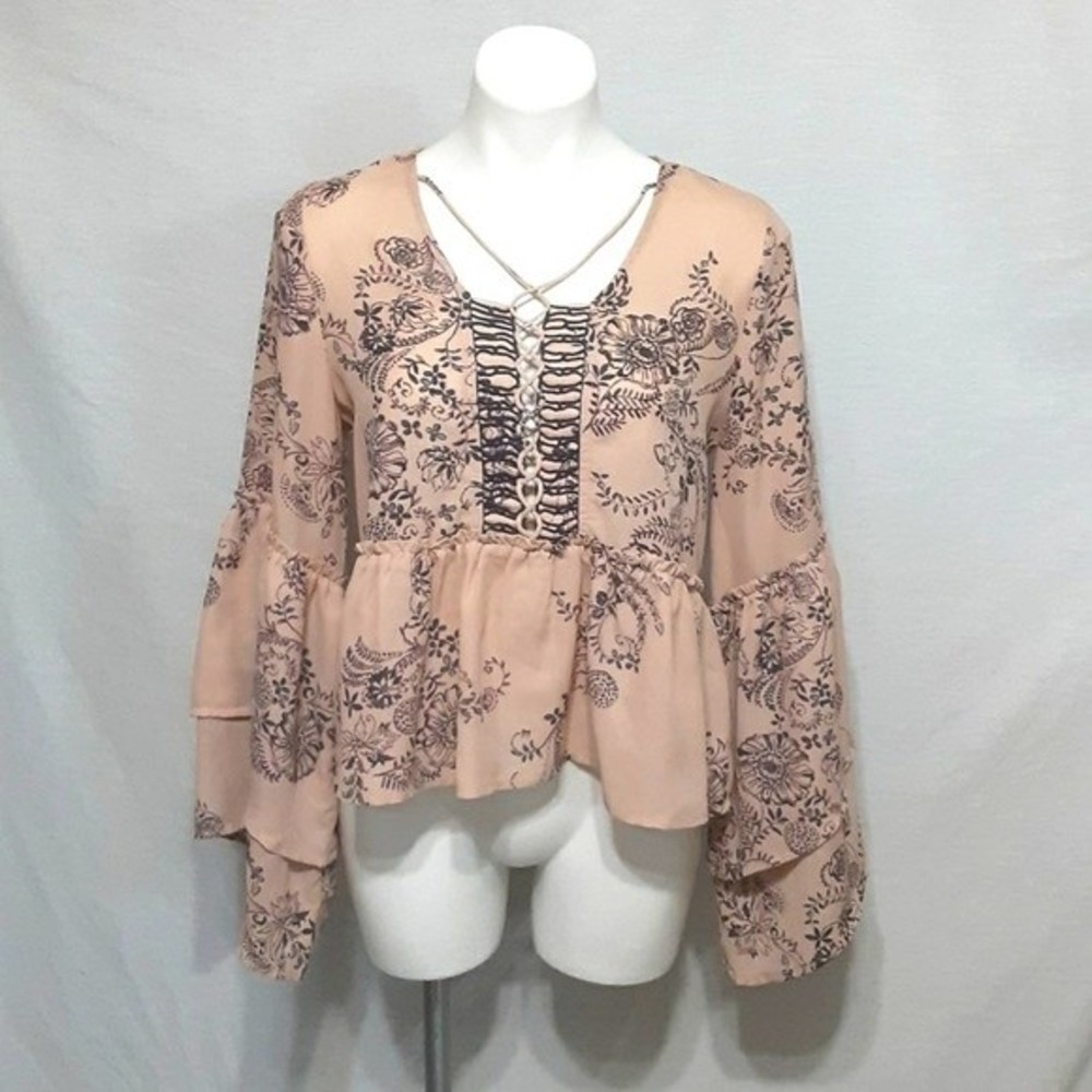Sun & Shadow Boho Festival Cottagecore Floral Sheer Bell Sleeve Peplum Top Small